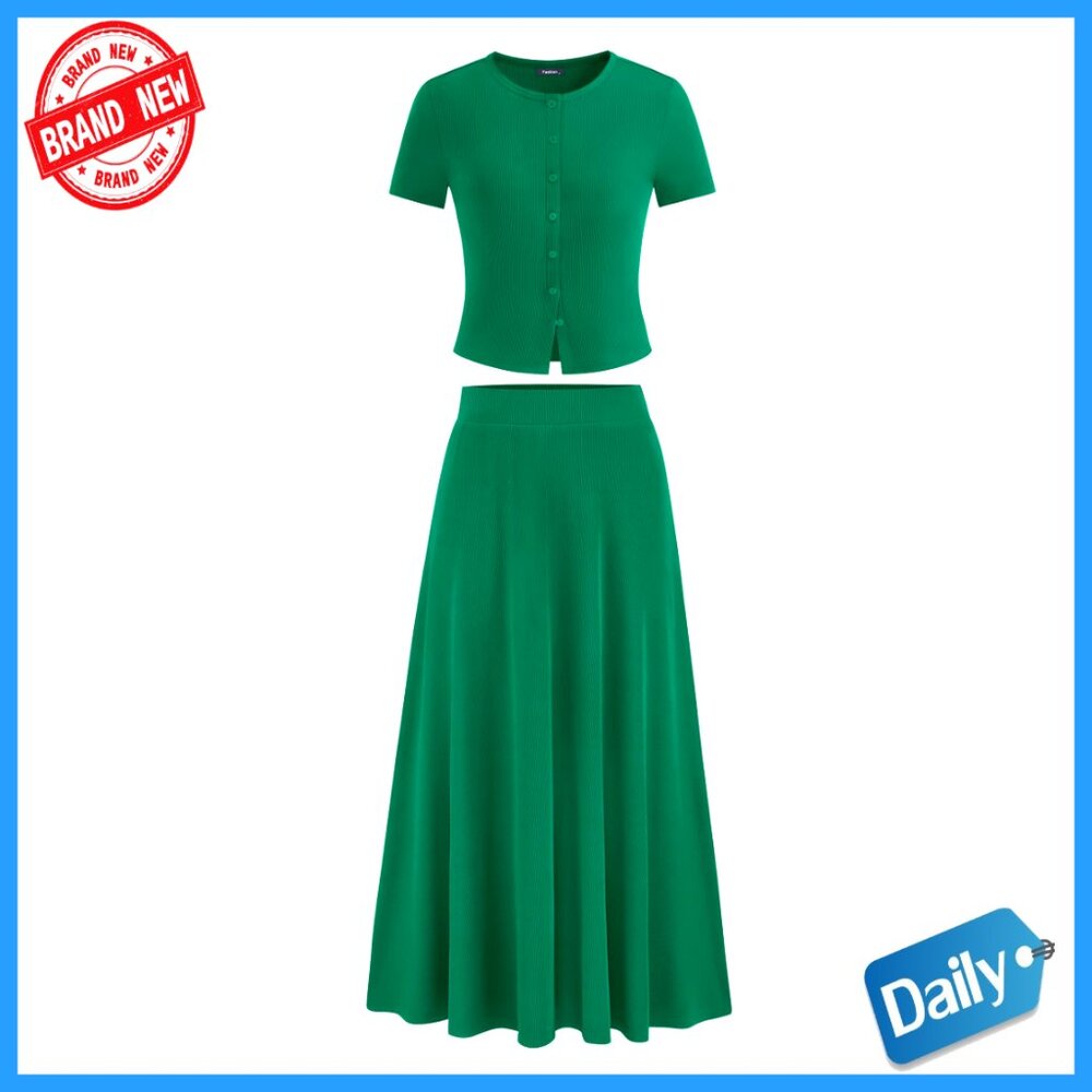 Women's 2 Piece Skirt Set Knit Crop Top Maxi Skirt Summer Outfit